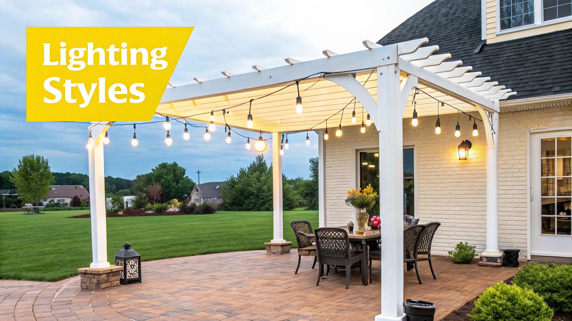 Outdoor Lights For Pergola: A Knoxville Homeowner's Guide A beautiful backyard patio with a white pergola and string lights illuminating an outdoor dining area.