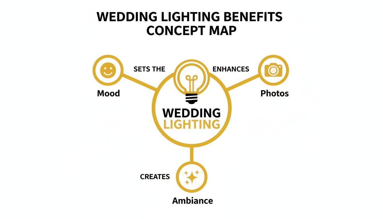 Your Guide to Magical Wedding String Lighting in Knoxville A concept map illustrating wedding lighting benefits, including setting the mood, enhancing photos, and creating ambiance.