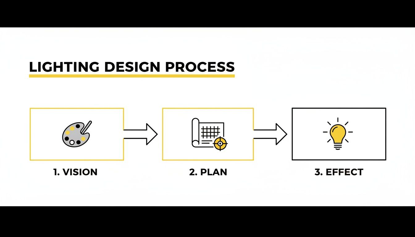 How a Landscape Lighting Designer Can Transform Your Knoxville Home A diagram illustrating the three steps of the lighting design process: vision, plan, and effect.