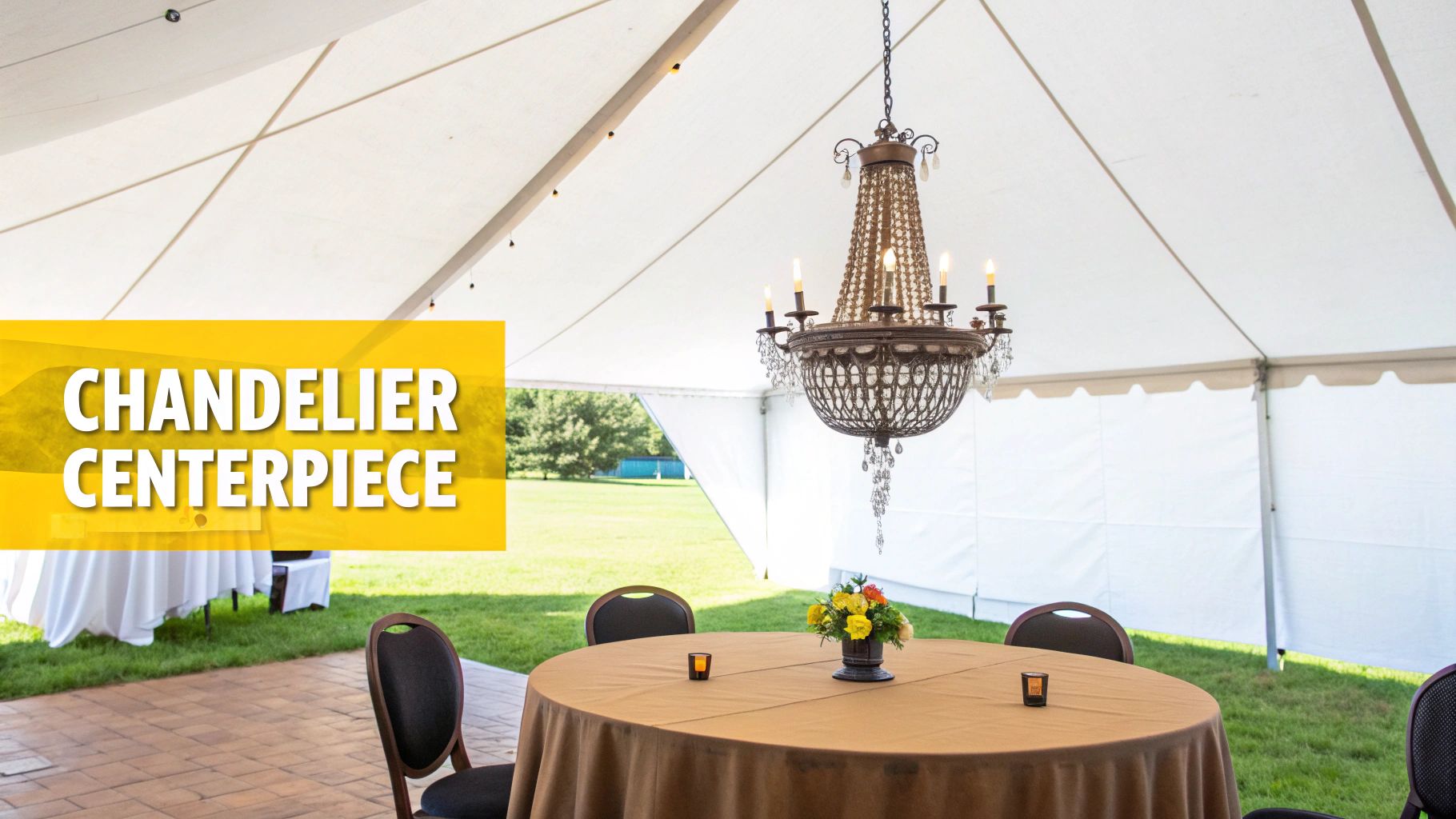 10 Breathtaking Outdoor Wedding Lighting Ideas for Your Knoxville Nuptials An elegant outdoor event tent featuring a decorative chandelier, a round table, and chairs.