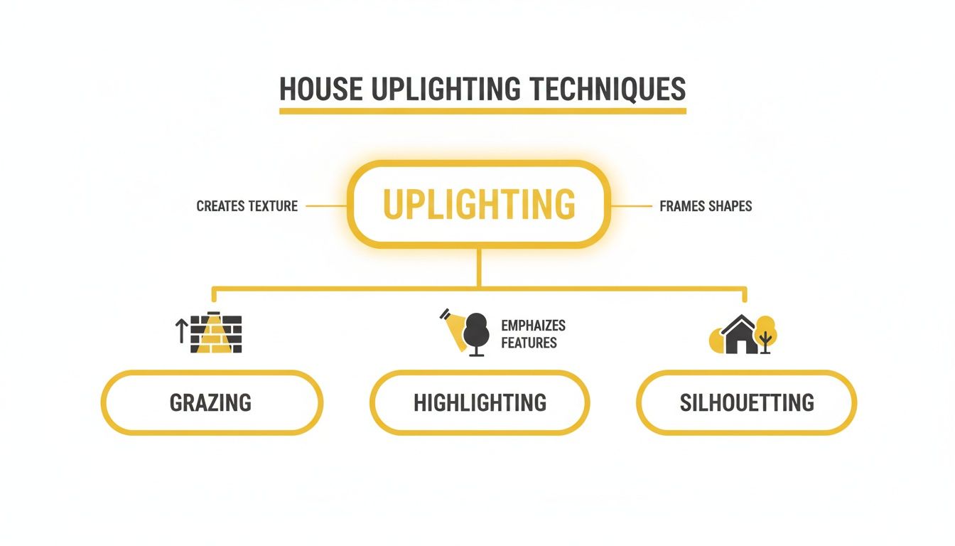 Outdoor Uplighting for Your House: Elevate Your Knoxville Home's Curb Appeal Infographic details house uplighting techniques, including grazing for texture, highlighting features, and silhouetting shapes.
