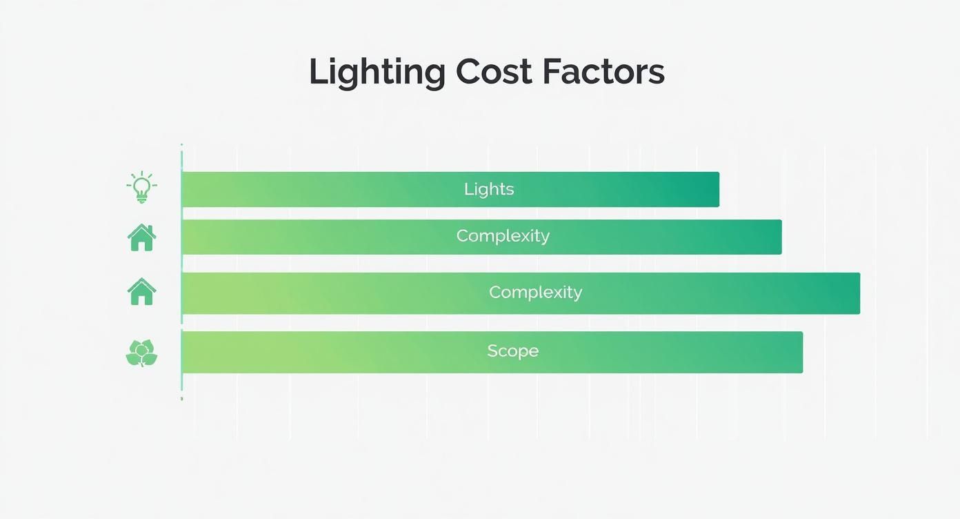 Horizontal bar chart visualizing lighting cost factors: Lights, Complexity, and Scope with illustrative icons.