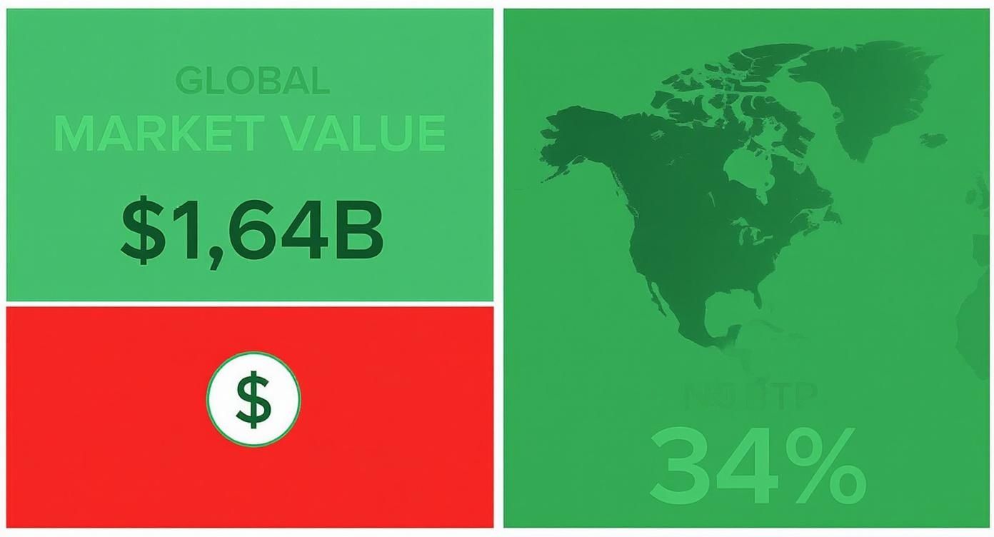 LED vs Incandescent Christmas Lights: A Knoxville Homeowner's Guide A financial infographic displaying global market value of $1.64 billion and a 34% figure related to North America.