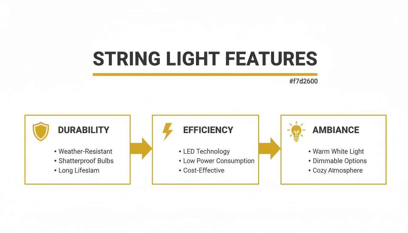 String Lighting Outdoor: Your Guide to a Beautiful Knoxville Home Infographic detailing string light features like durability, efficiency, and ambiance with icons.