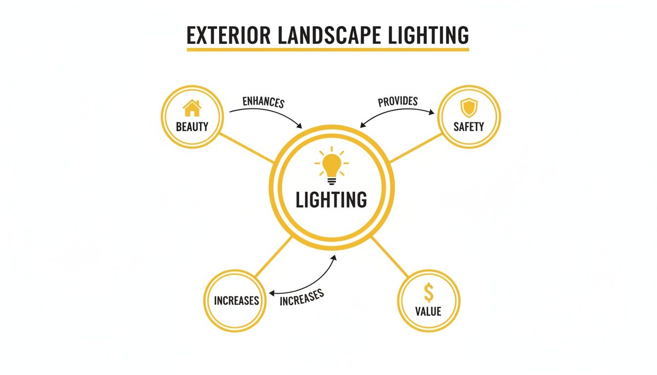 A Homeowner's Guide to Exterior Landscape Lighting in Knoxville Infographic illustrating how exterior landscape lighting benefits home beauty, safety, and property value.