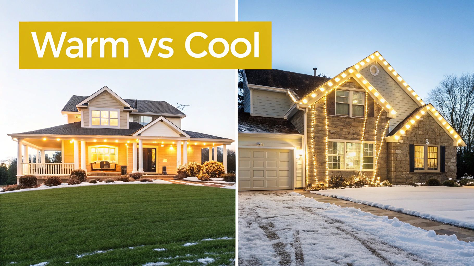 LED vs Incandescent Christmas Lights: A Knoxville Homeowner's Guide Split image comparing houses with warm yellow lights on green grass and cool white Christmas lights on snow.