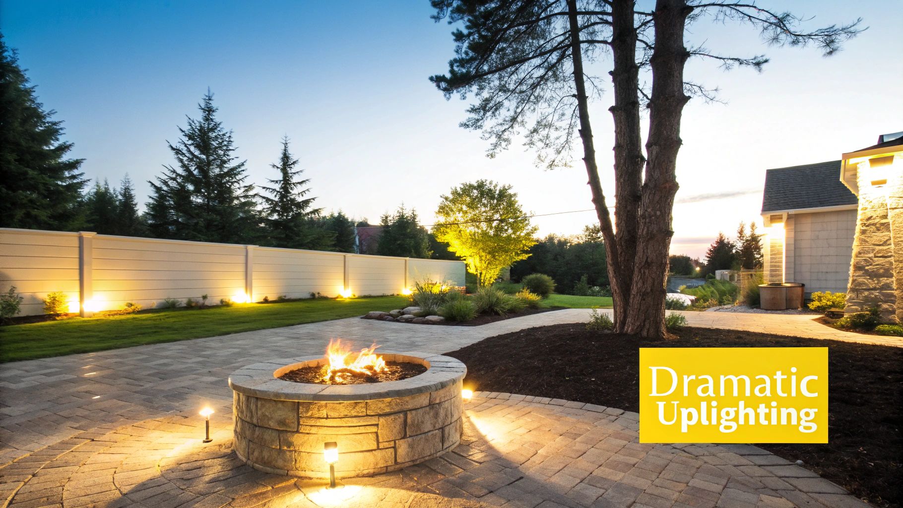 8 Brilliant Fire Pit Lighting Ideas to Elevate Your Knoxville Nights An inviting backyard patio with a glowing fire pit and dramatic landscape uplighting at dusk.