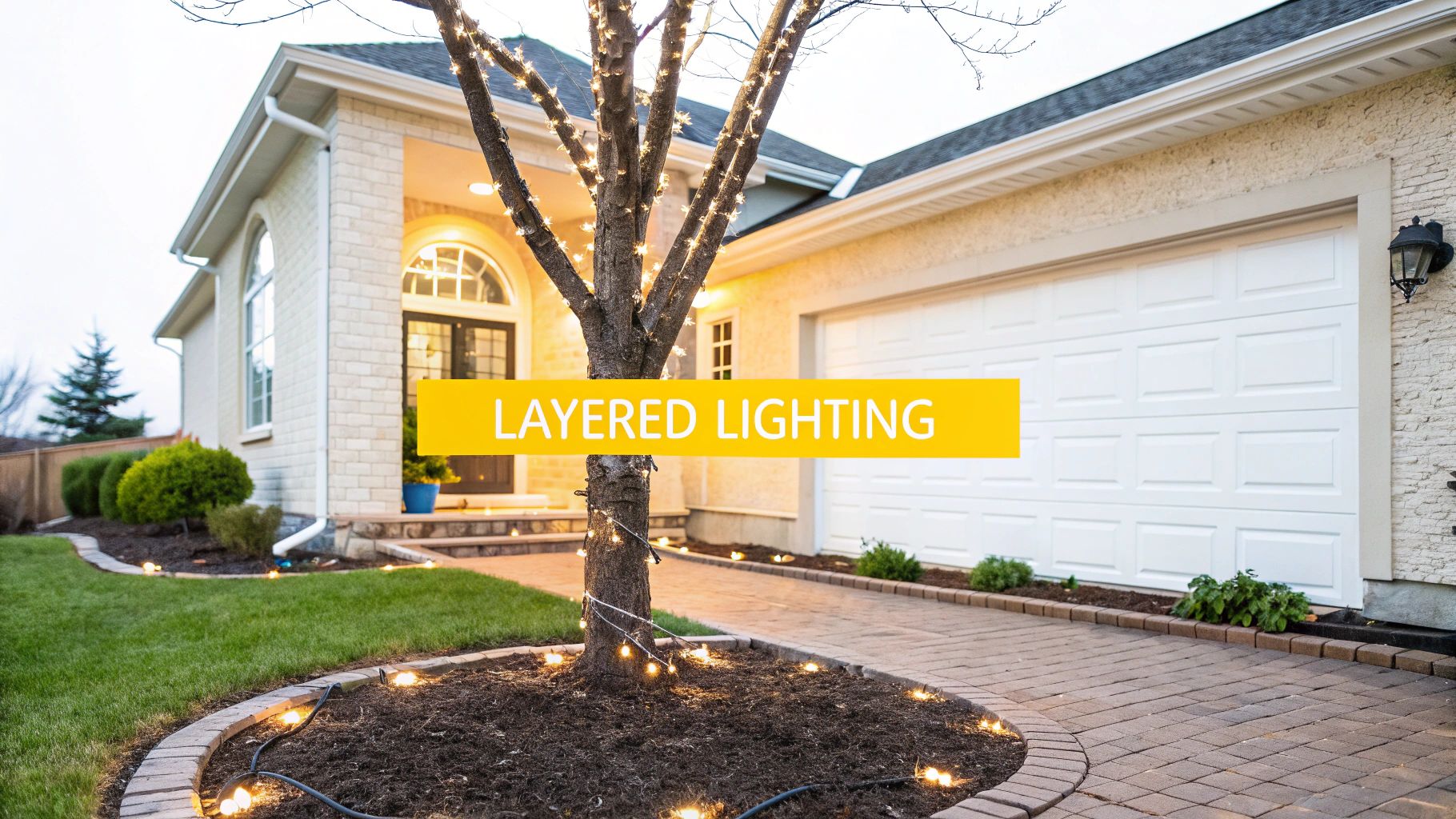 A Guide To Holiday Lighting Design For Your Knoxville Home A house exterior at dusk with various warm outdoor lights illuminating a tree, garden, and porch.