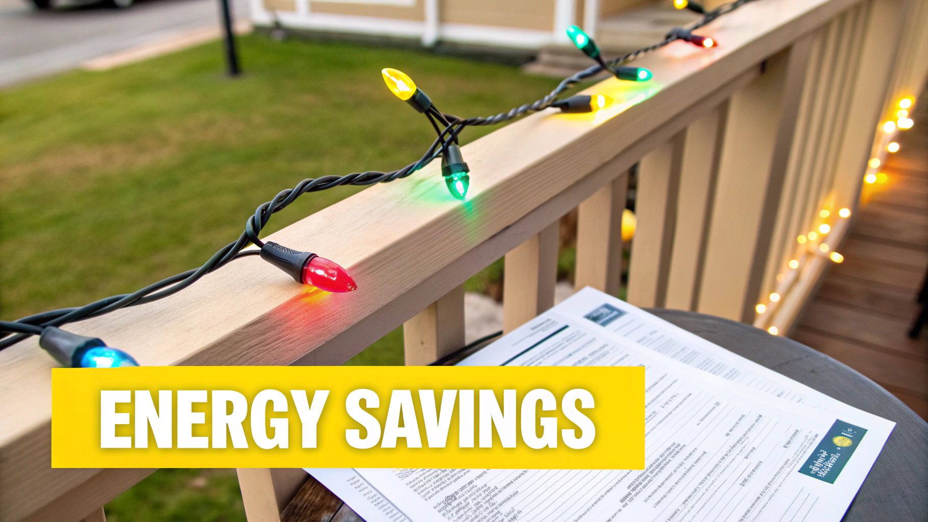 A Homeowner's Guide to the Best LED Outdoor Christmas Lights Colorful LED Christmas lights adorn a porch railing, with an 'ENERGY SAVINGS' banner highlighting efficiency.