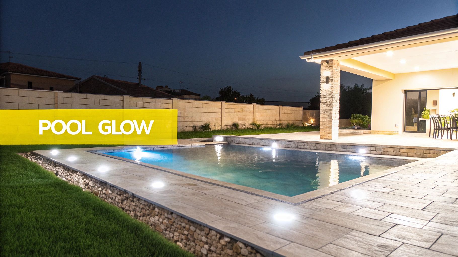 Outdoor Lighting Ideas for Your Backyard: 10 Fresh Ways to Brighten Your Knoxville Space A beautifully lit swimming pool and patio area at night, featuring a 'POOL GLOW' sign.