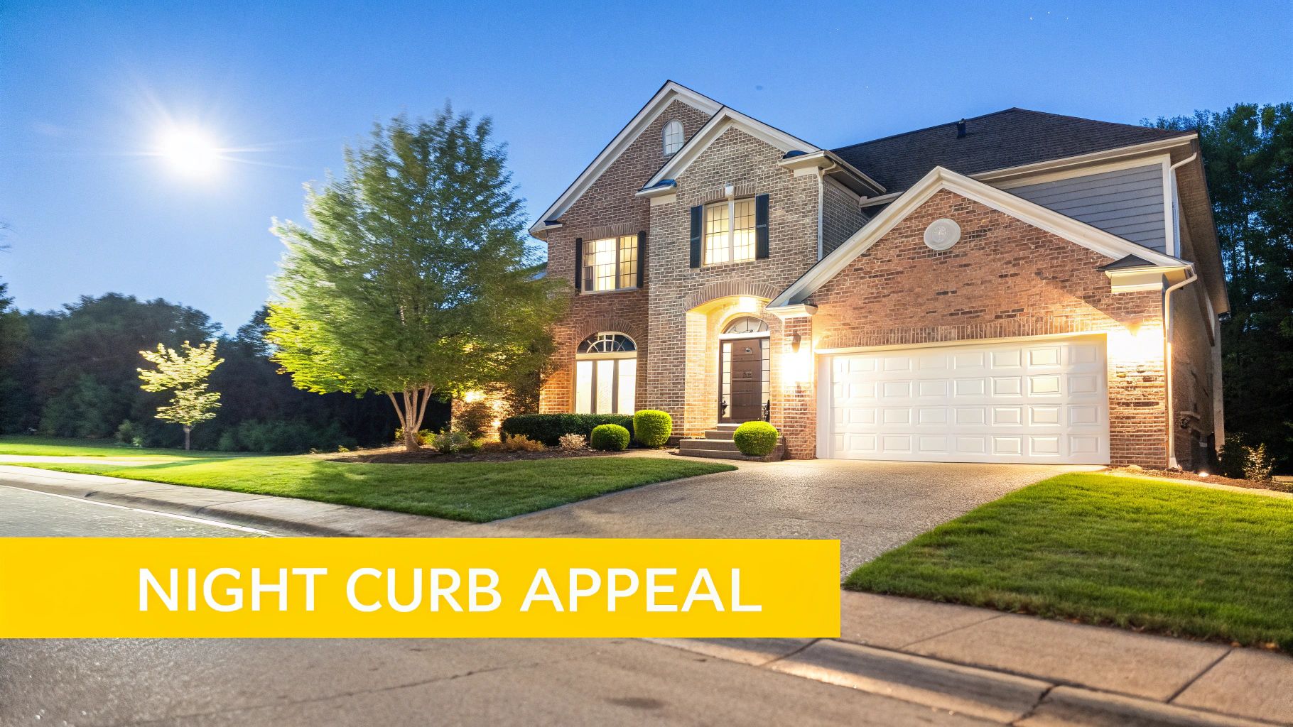 Outdoor Uplighting for Your House: Elevate Your Knoxville Home's Curb Appeal A two-story brick house illuminated at night with bright outdoor and indoor lights, showcasing excellent curb appeal.