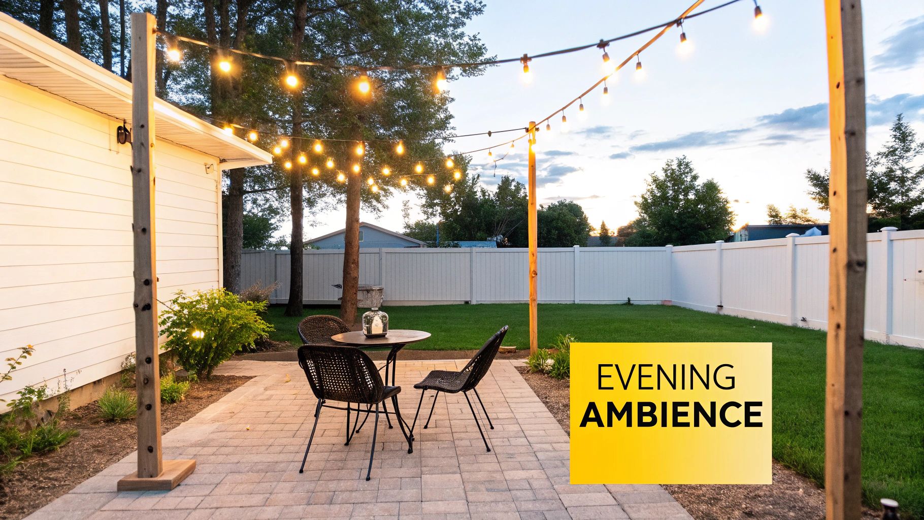 Outdoor Lighting Ideas for Your Backyard: 10 Fresh Ways to Brighten Your Knoxville Space A cozy backyard patio at dusk with string lights, a table, and chairs, offering an inviting evening ambiance.