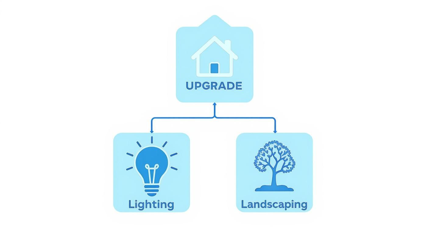Permanent Holiday Lighting Cost: A Knoxville Homeowner's Guide to Year-Round Lights Diagram illustrating home upgrade options including lighting and landscaping improvements.