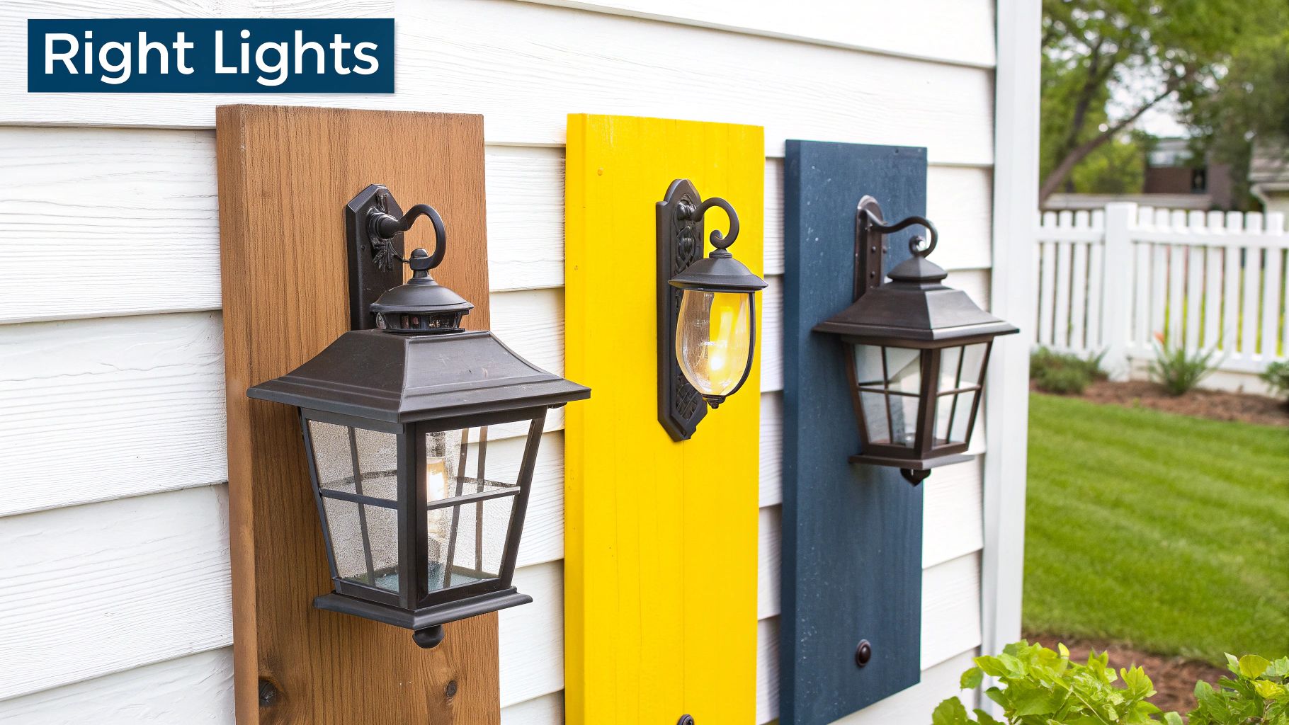 A Homeowner's Guide to Solar Porch Lights Outdoor in Knoxville Three decorative outdoor porch lights mounted on colorful wooden planks on a house siding.