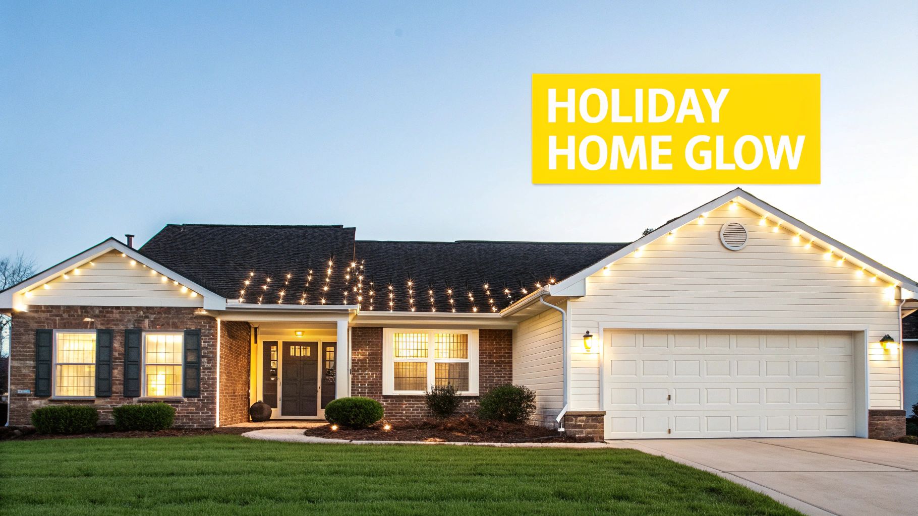 How to Install Christmas Lights on Your Roofline: A Knoxville Guide A beautifully decorated house with warm string lights illuminating its rooflines and front yard at twilight.