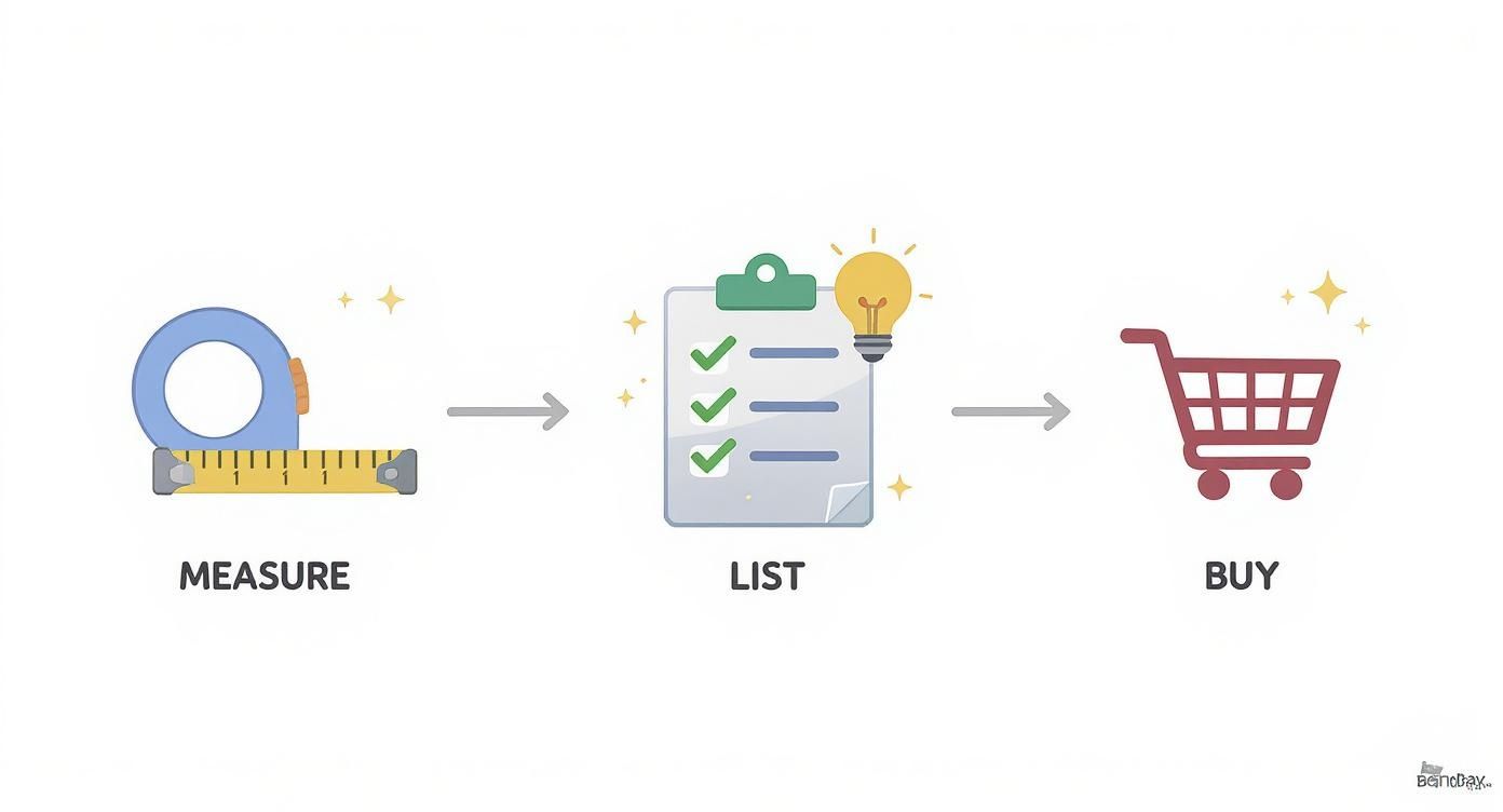 How to Install Christmas Lights on Your Roofline: A Knoxville Guide A graphic showing a three-step process: measure with a tape, list ideas on a clipboard, then buy with a shopping cart.