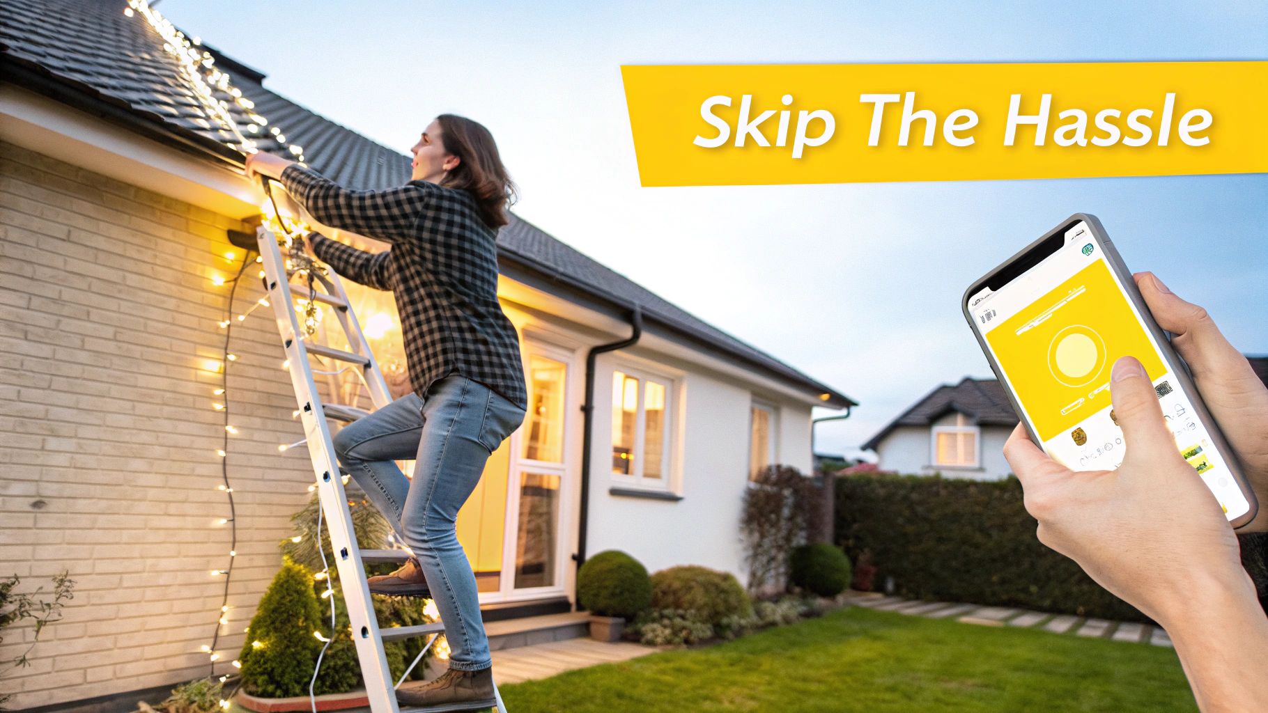 Your Complete Guide to Permanent Christmas Lighting in Knoxville One person installs outdoor lights on a ladder, while another uses a smartphone app for smart lighting.