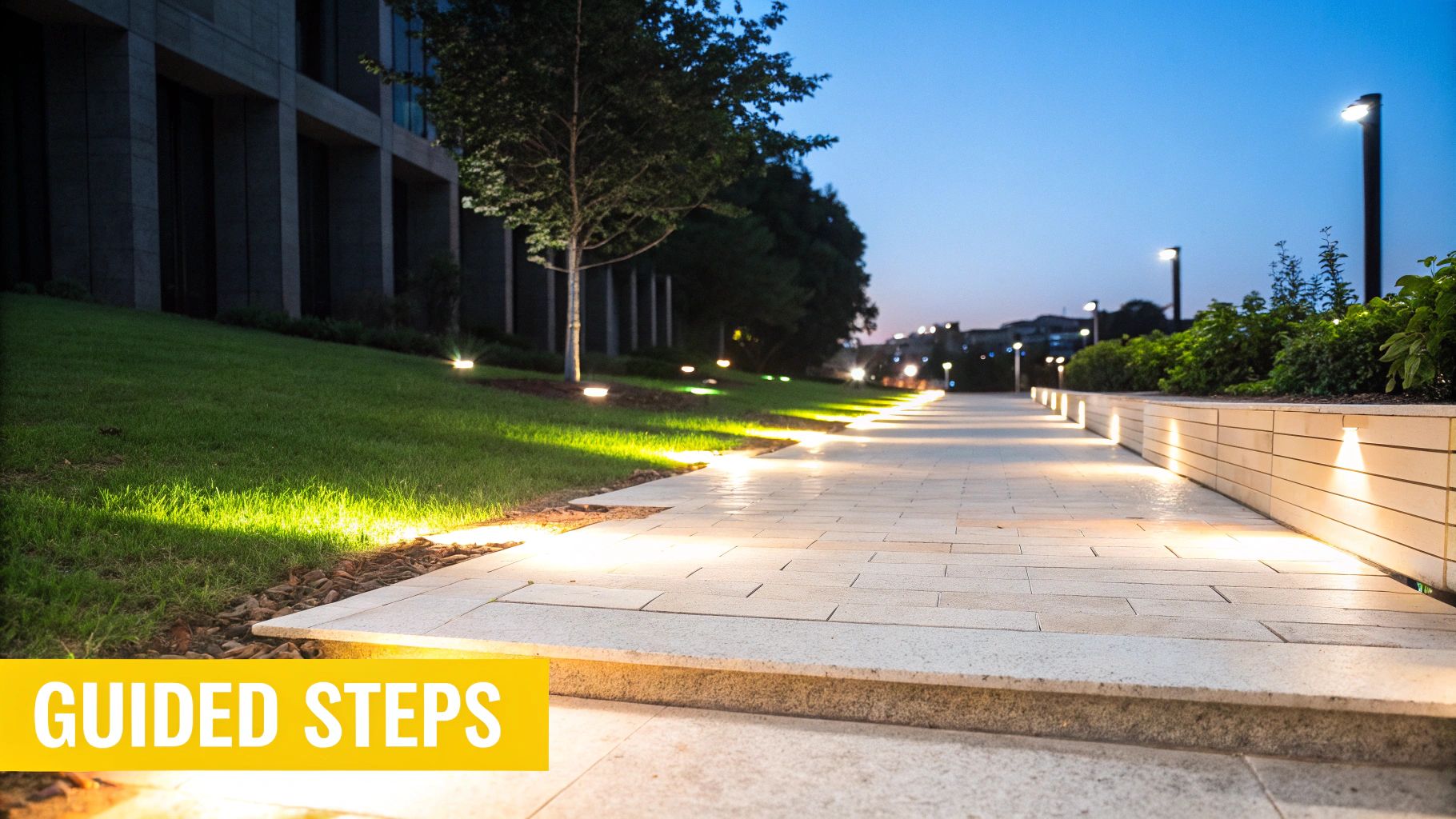 10 Stunning Landscape Lighting Design Ideas to Illuminate Your Knoxville Home A modern outdoor pathway at dusk, illuminated by numerous ground and wall landscape lights.