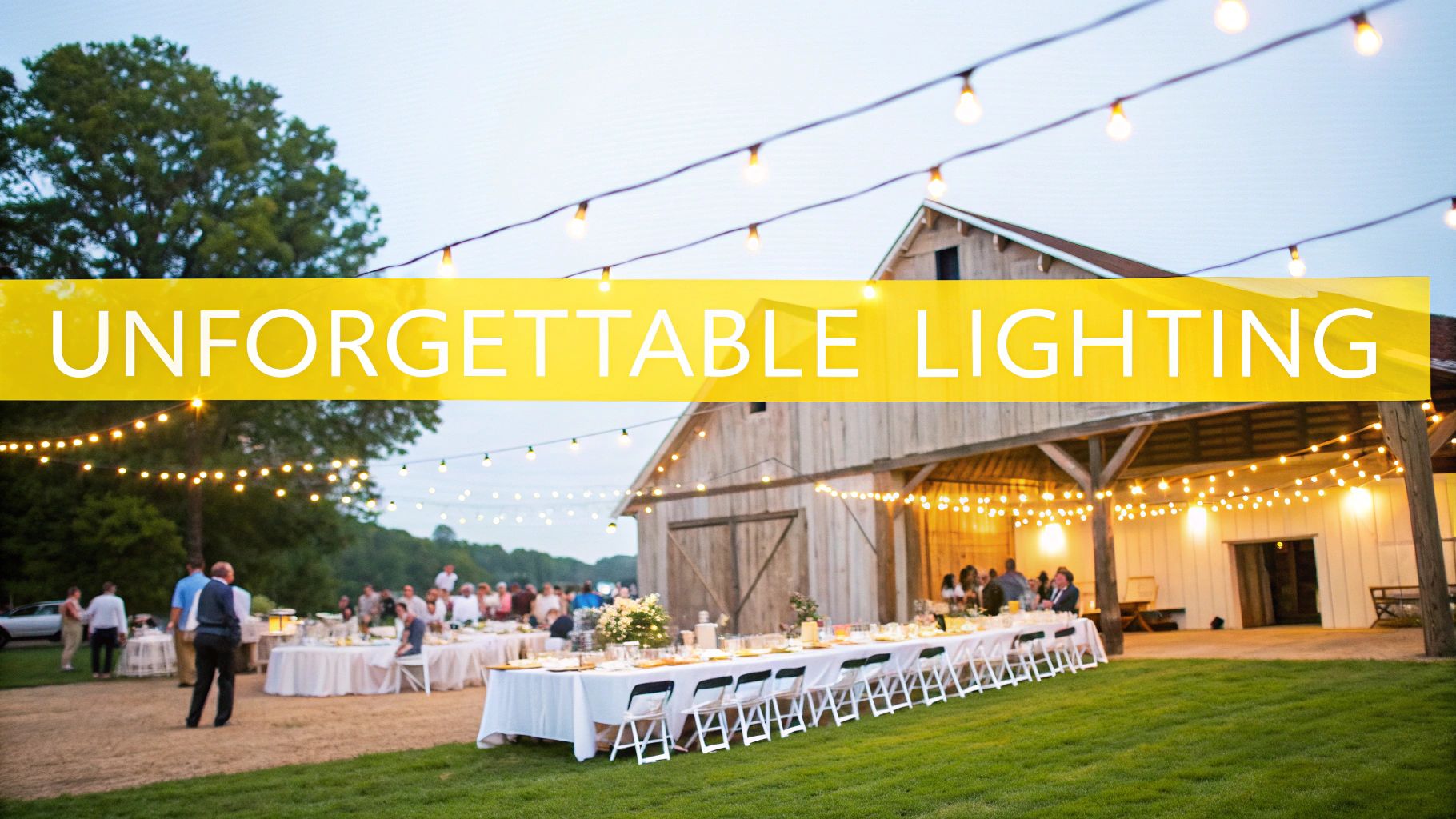 Outdoor Lighting for Events: Your Guide to an Unforgettable Knoxville Gathering An outdoor evening event at a rustic barn, illuminated by numerous warm string lights. Guests dine at elegantly set tables.