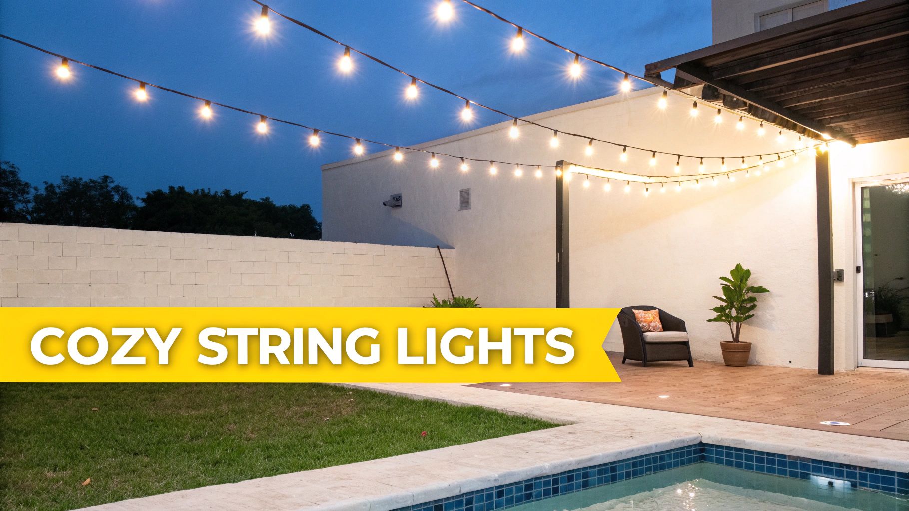 Poolside Lighting Ideas: Transform Your Knoxville Backyard at Night Cozy backyard patio at dusk with string lights illuminating a swimming pool and seating area.