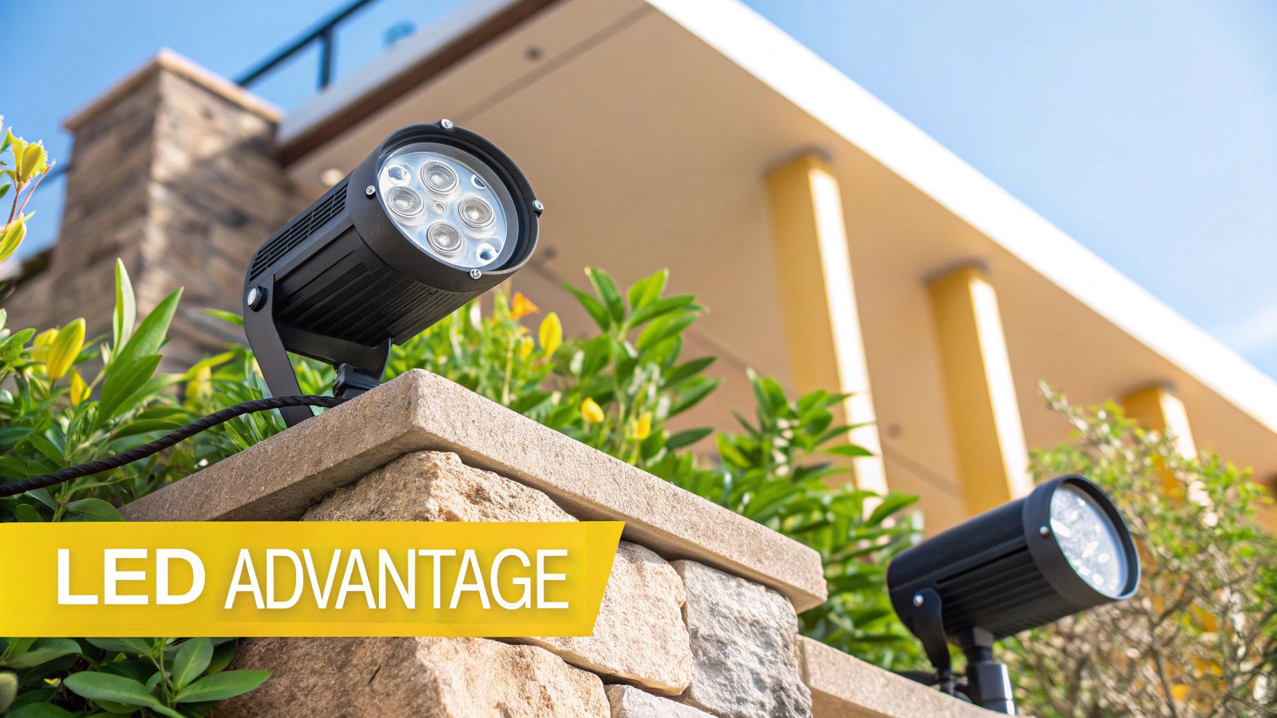 Outdoor Lighting for Events: Your Guide to an Unforgettable Knoxville Gathering Two modern black LED spotlights illuminate a stone wall with green plants, showcasing the LED advantage.