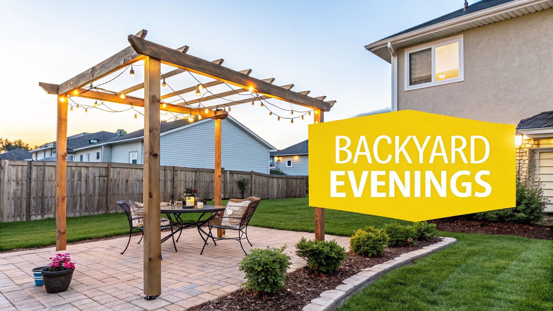 Outdoor Lights For Pergola: A Knoxville Homeowner's Guide A charming backyard patio with a wooden pergola illuminated by string lights, perfect for evening relaxation.