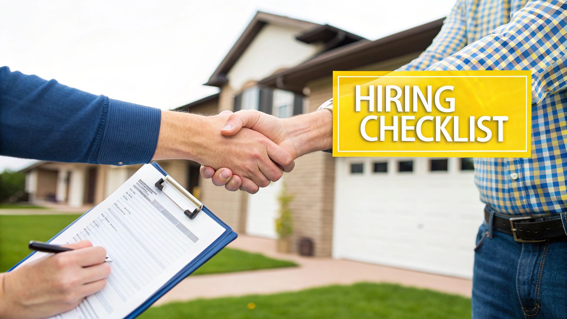 Your Guide to Finding Outdoor Christmas Light Installers Near Me in Knoxville Two people shake hands in front of a house, with a 'Hiring Checklist' overlay and clipboard.