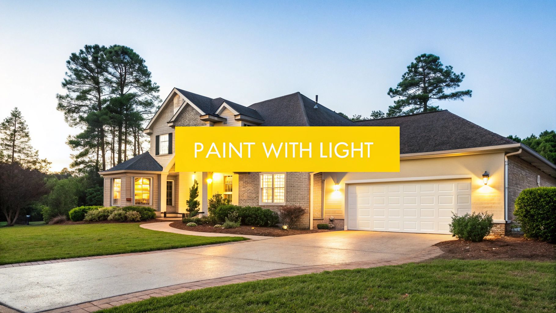 How a Landscape Lighting Designer Can Transform Your Knoxville Home Modern house exterior at dusk, illuminated by elegant landscape lighting and warm indoor lights.