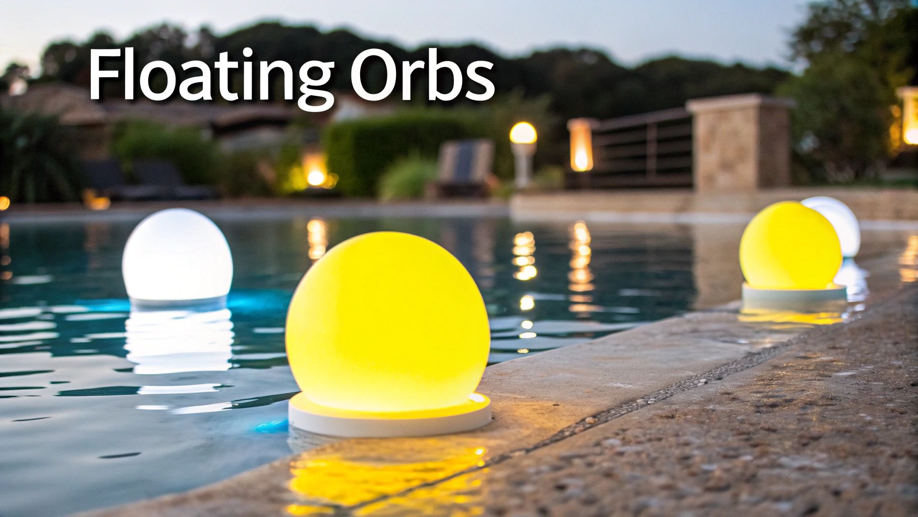 Poolside Lighting Ideas: Transform Your Knoxville Backyard at Night Several glowing white and yellow orb lights illuminate a swimming pool at dusk, creating a serene ambiance.