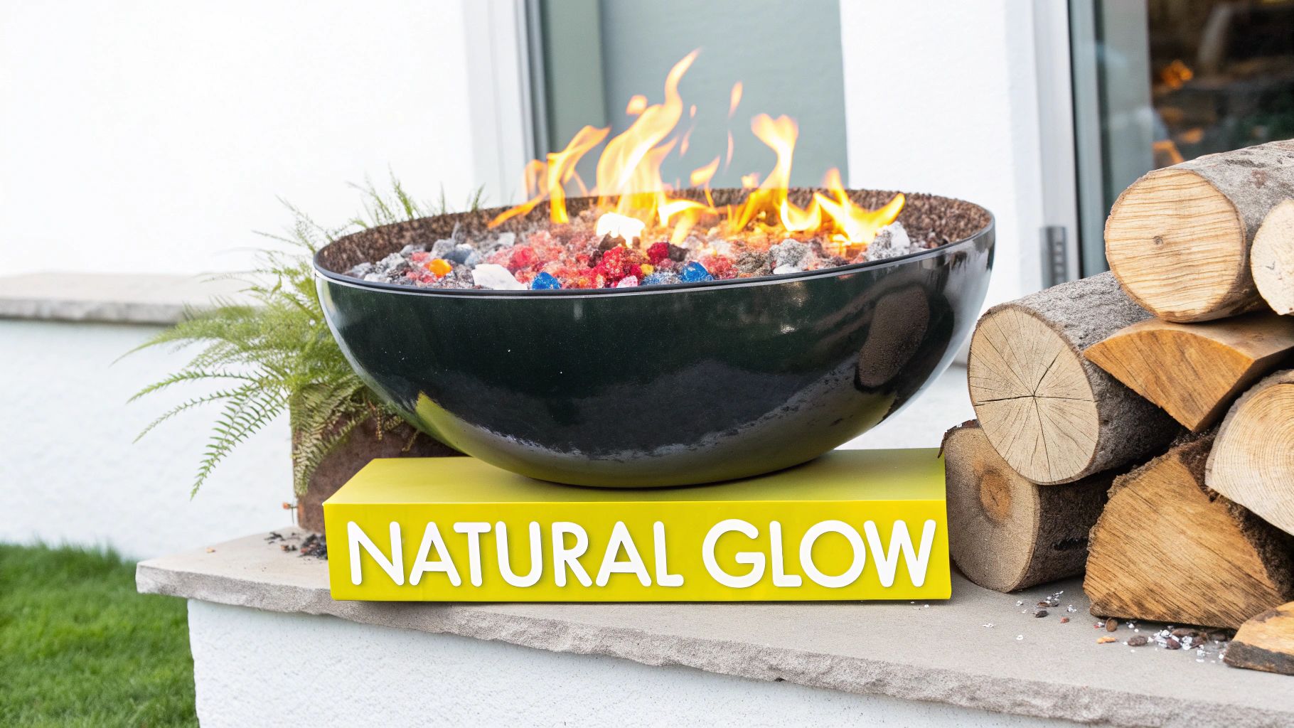 8 Brilliant Fire Pit Lighting Ideas to Elevate Your Knoxville Nights A stylish outdoor fire pit bowl with colorful flames on a yellow 'NATURAL GLOW' base, flanked by logs.