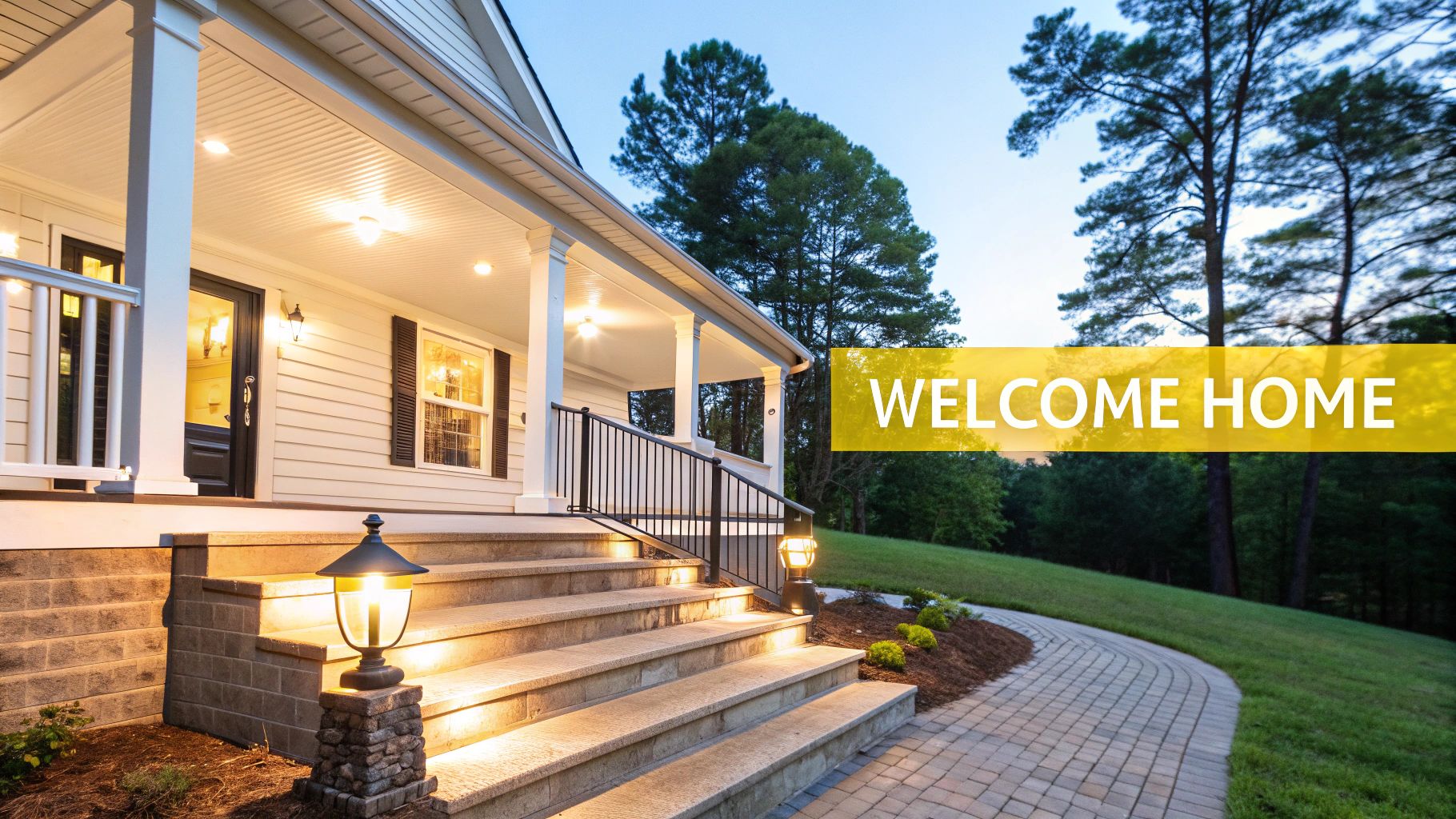 A Homeowner's Guide to Solar Porch Lights Outdoor in Knoxville Beautifully lit porch of a new home with stone steps and a welcoming pathway at dusk.