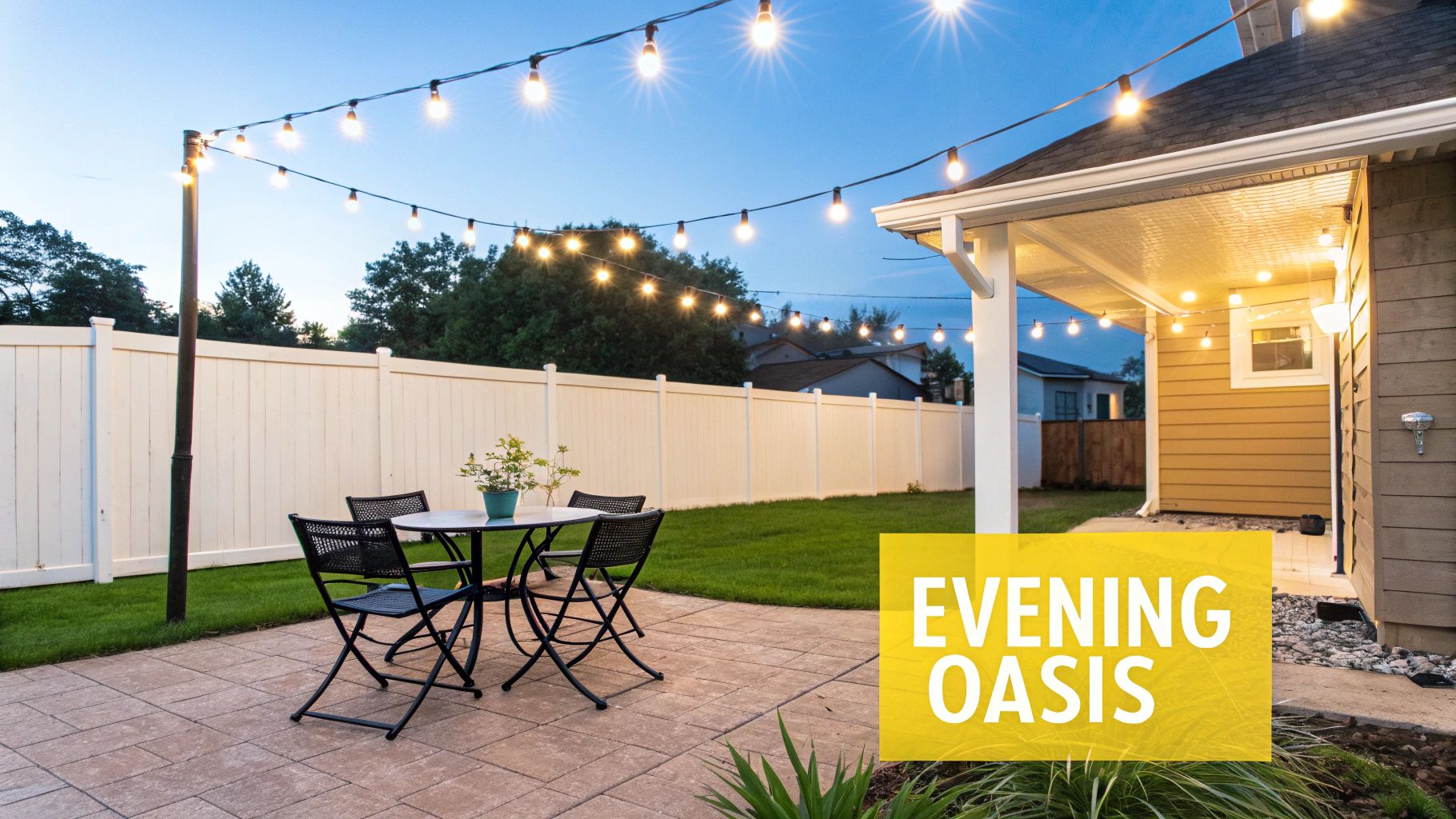 String Lighting Outdoor: Your Guide to a Beautiful Knoxville Home Cozy backyard patio at dusk, illuminated by bright string lights and house lights, with a table and chairs.