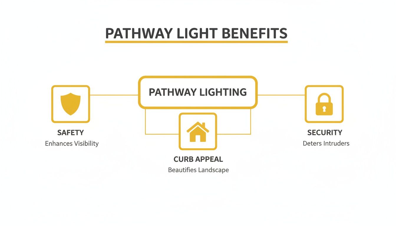 A Knoxville Homeowner's Guide To Low Profile Pathway Lights A diagram outlining the benefits of pathway lighting, including enhanced safety, improved curb appeal, and increased security.
