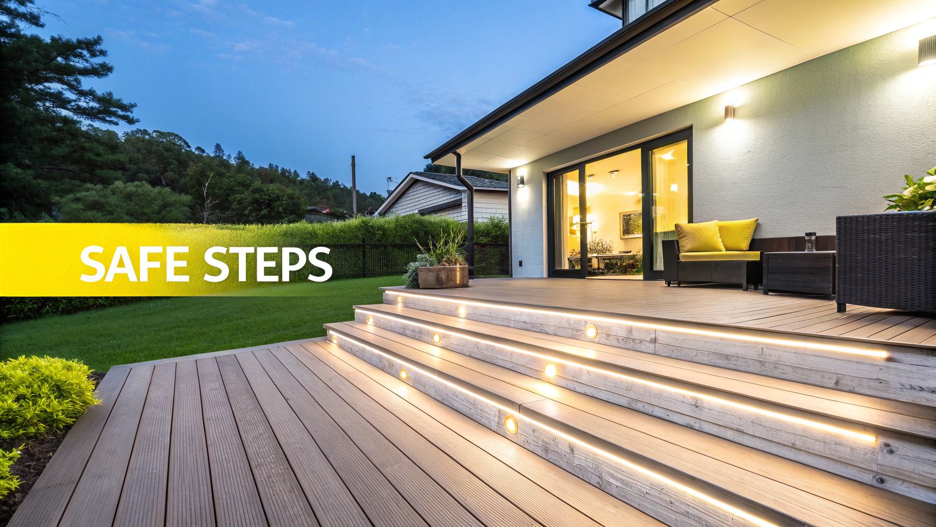 Outdoor Lighting Ideas for Your Backyard: 10 Fresh Ways to Brighten Your Knoxville Space Modern house patio with illuminated wooden deck steps and outdoor furniture at twilight.
