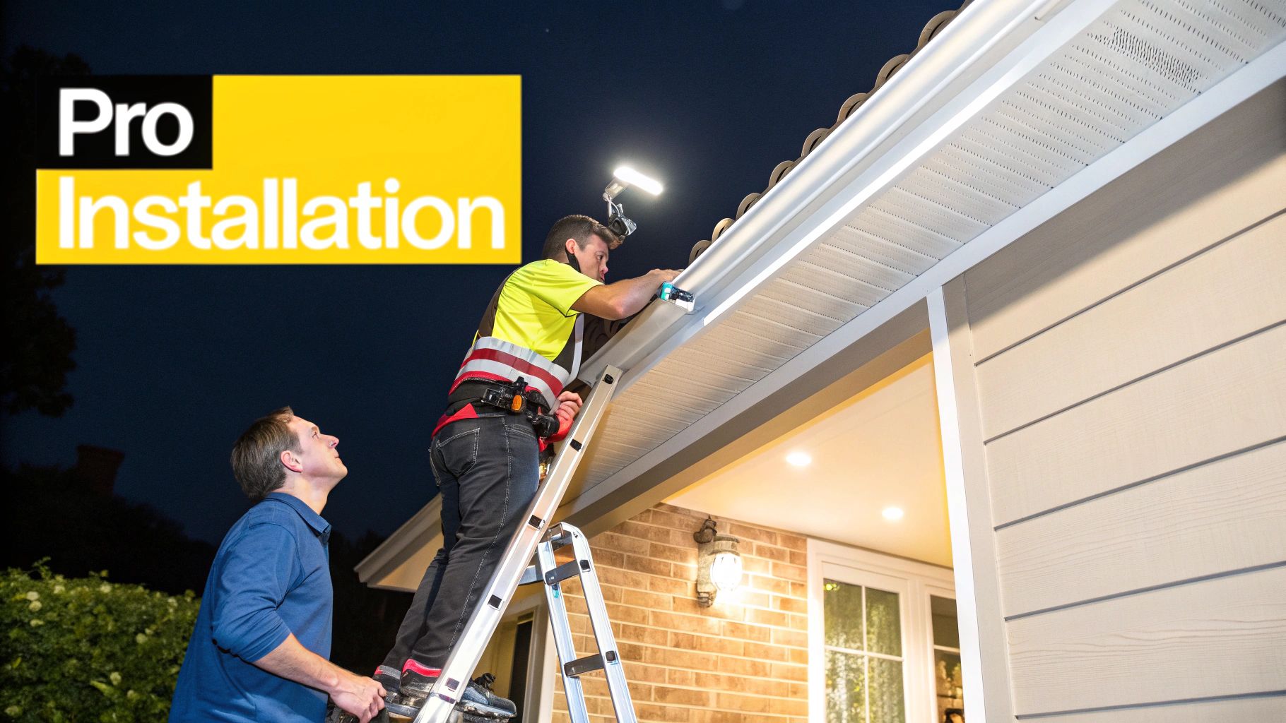 A Homeowner's Guide to the Best LED Outdoor Christmas Lights A professional installer on a ladder attaching outdoor lights to a house gutter at night, observed by a customer.