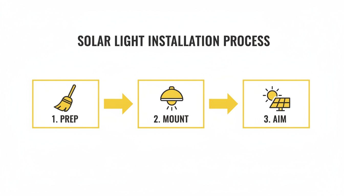 A Homeowner's Guide to Solar Lights for Palm Trees A three-step diagram outlining the solar light installation process: 1. Prep, 2. Mount, 3. Aim.