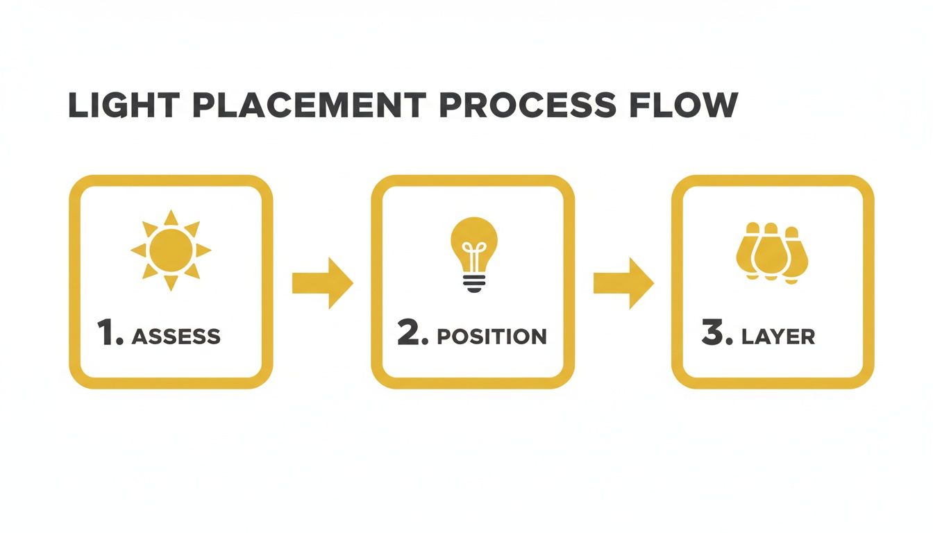 A Homeowner's Guide to Solar Porch Lights Outdoor in Knoxville A light placement process flow diagram showing three steps: 1. Assess, 2. Position, and 3. Layer.