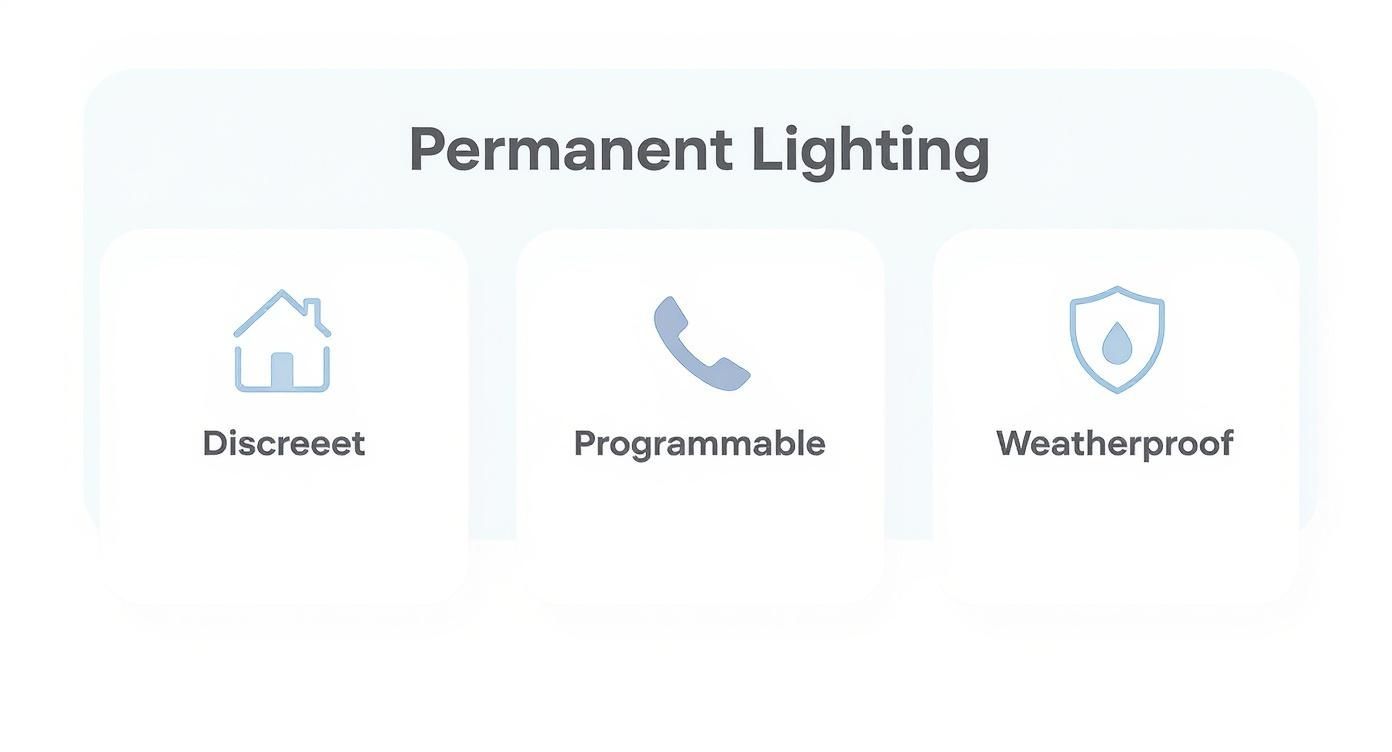 Your Complete Guide to Permanent Christmas Lighting in Knoxville An infographic displaying 'Permanent Lighting' with three features: Discreeet, Programmable, and Weatherproof.