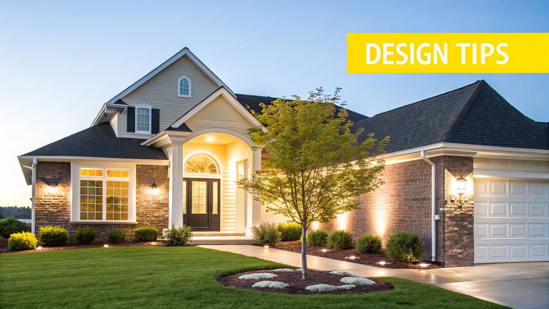 A beautiful modern house with landscape lighting illuminating the brick facade, green lawn, and walkway at dusk.