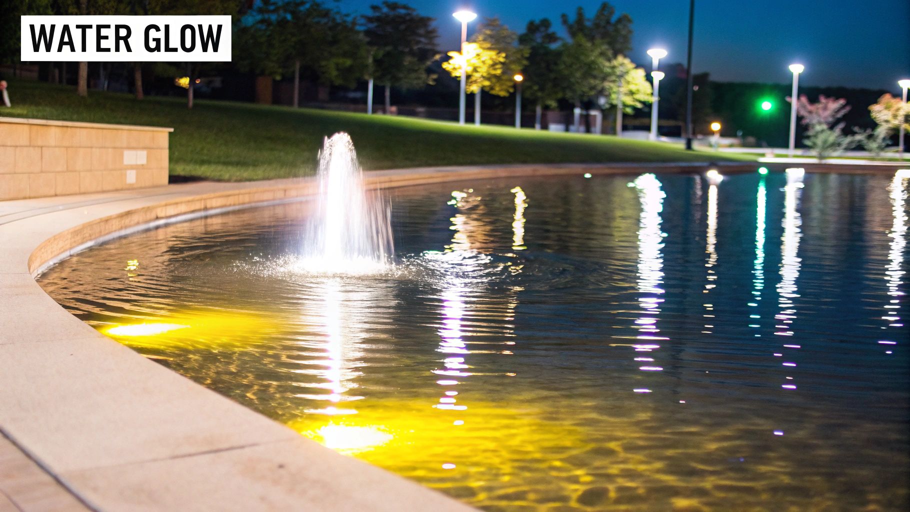 10 Stunning Landscape Lighting Design Ideas to Illuminate Your Knoxville Home A night shot of a glowing fountain in a pond with colorful light reflections.
