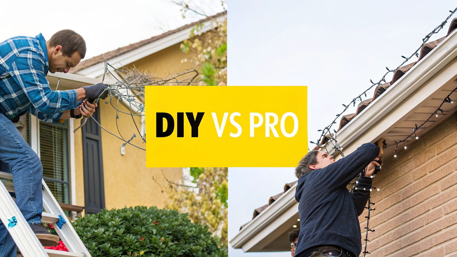 Permanent Holiday Lighting Cost: A Knoxville Homeowner's Guide to Year-Round Lights A man struggles with tangled lights on a ladder, contrasting with another professionally installing neat holiday lights.