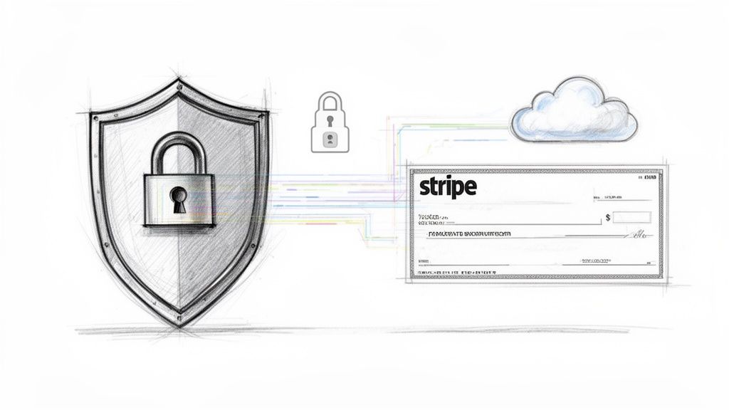 Sketch of a security shield with padlock, a cloud, and a Stripe check, representing secure online payments.