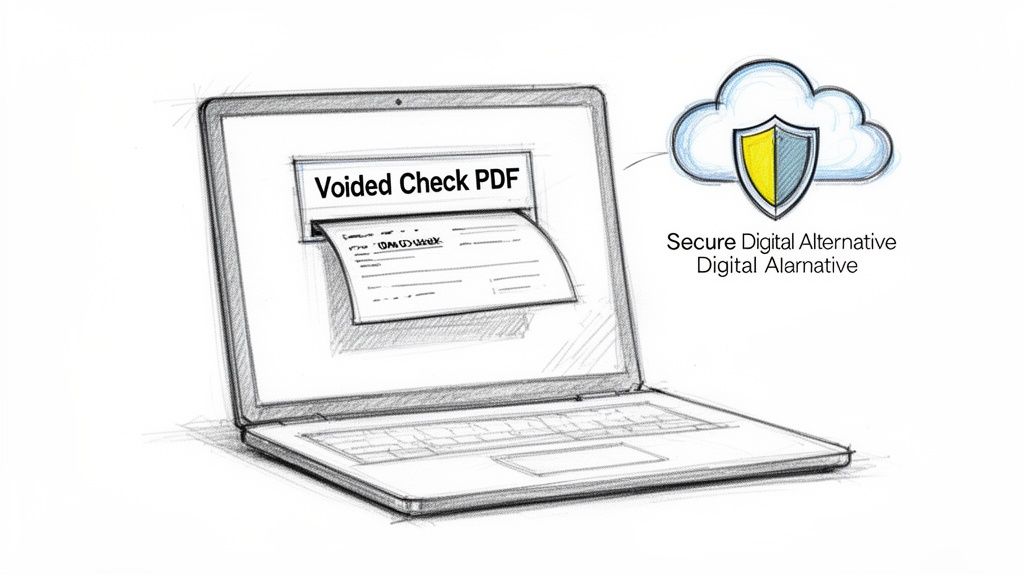 Sketch of a laptop displaying a voided check PDF, connected to a secure cloud icon, illustrating a digital alternative.