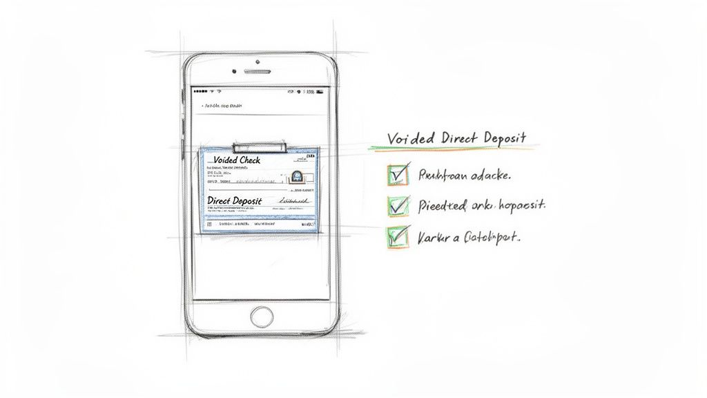 Hand-drawn sketch of a mobile app showing voided check and direct deposit forms with a checklist.