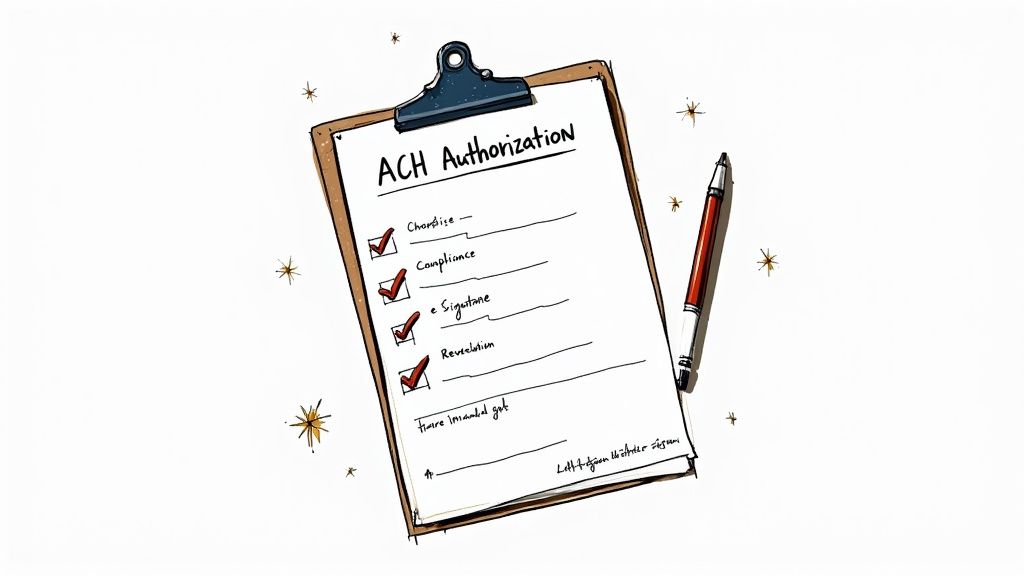 A clipboard displays an ACH Authorization checklist with checked items, alongside a red pen.