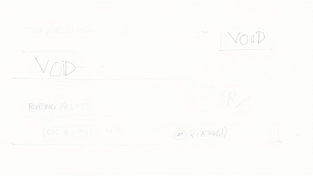 A light pencil sketch on white paper showing the word "VOID" prominently, repeated, with other faint text and numbers.