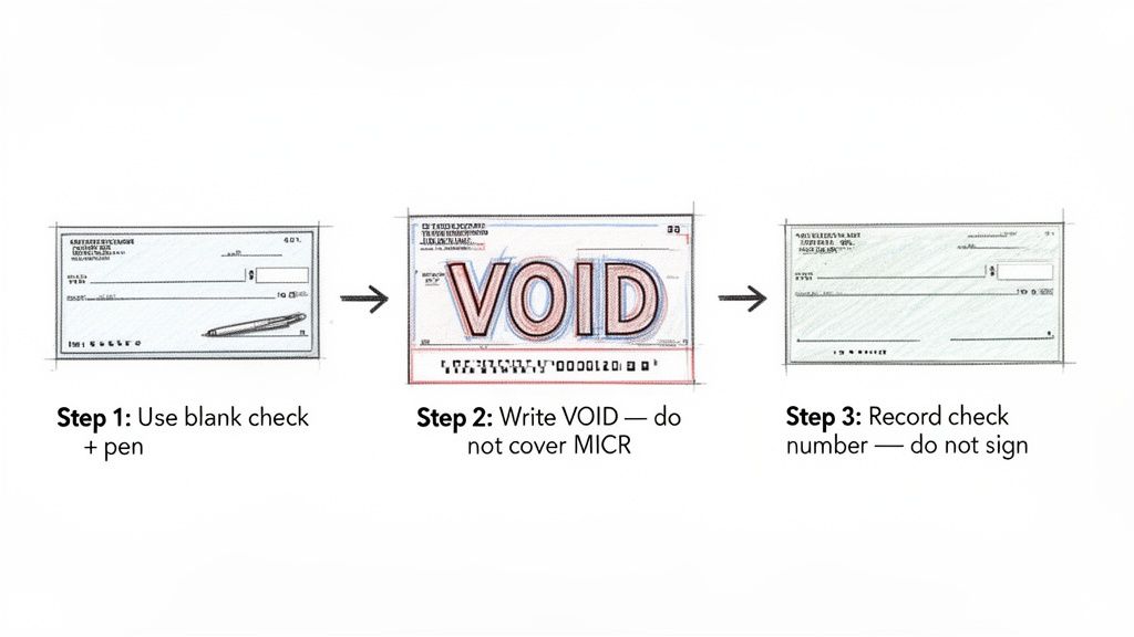 Three steps to void a check for direct deposit: using a blank check, writing VOID, and recording the check number.