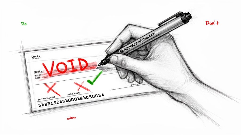 Illustration of a hand writing 'VOID' across a check with a marker, demonstrating the correct method.