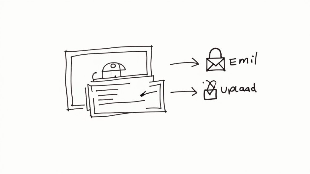 Hand-drawn sketch illustrating data transfer options: secure email and upload from a screen.