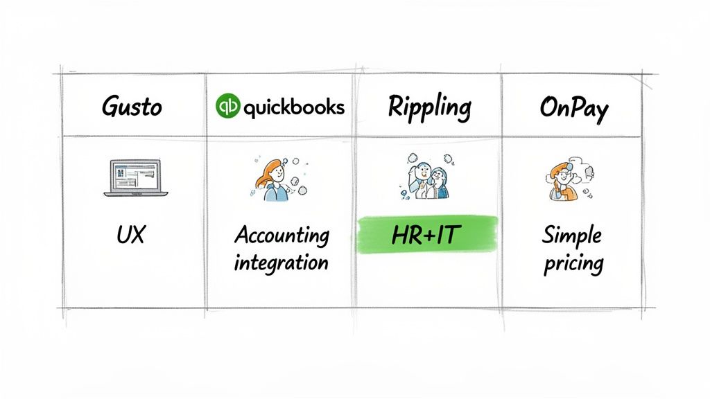 Comparison table of payroll software features: Gusto, Quickbooks, Rippling, and OnPay, highlighting their strengths.